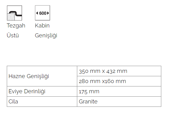 Valente D150 L Bir Buçuk Gözlü Granit Eviye 50cm x 100cm