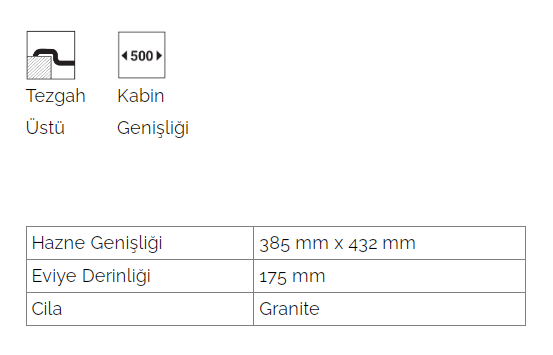 Valente D100 Tek Gözlü Granit Eviye 50cm x 86 cm